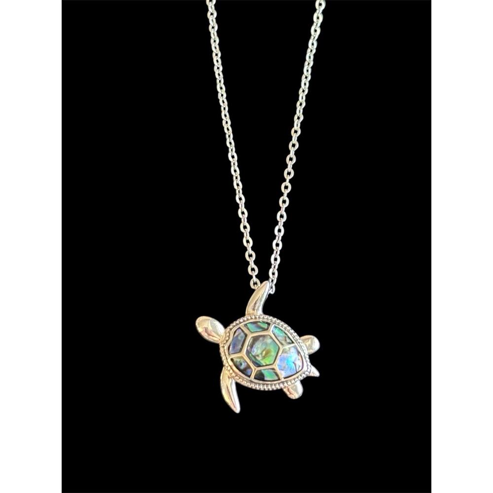 Sterling Silver Abalone Inlay Sea Turtle Pendant 18” Chain 925
